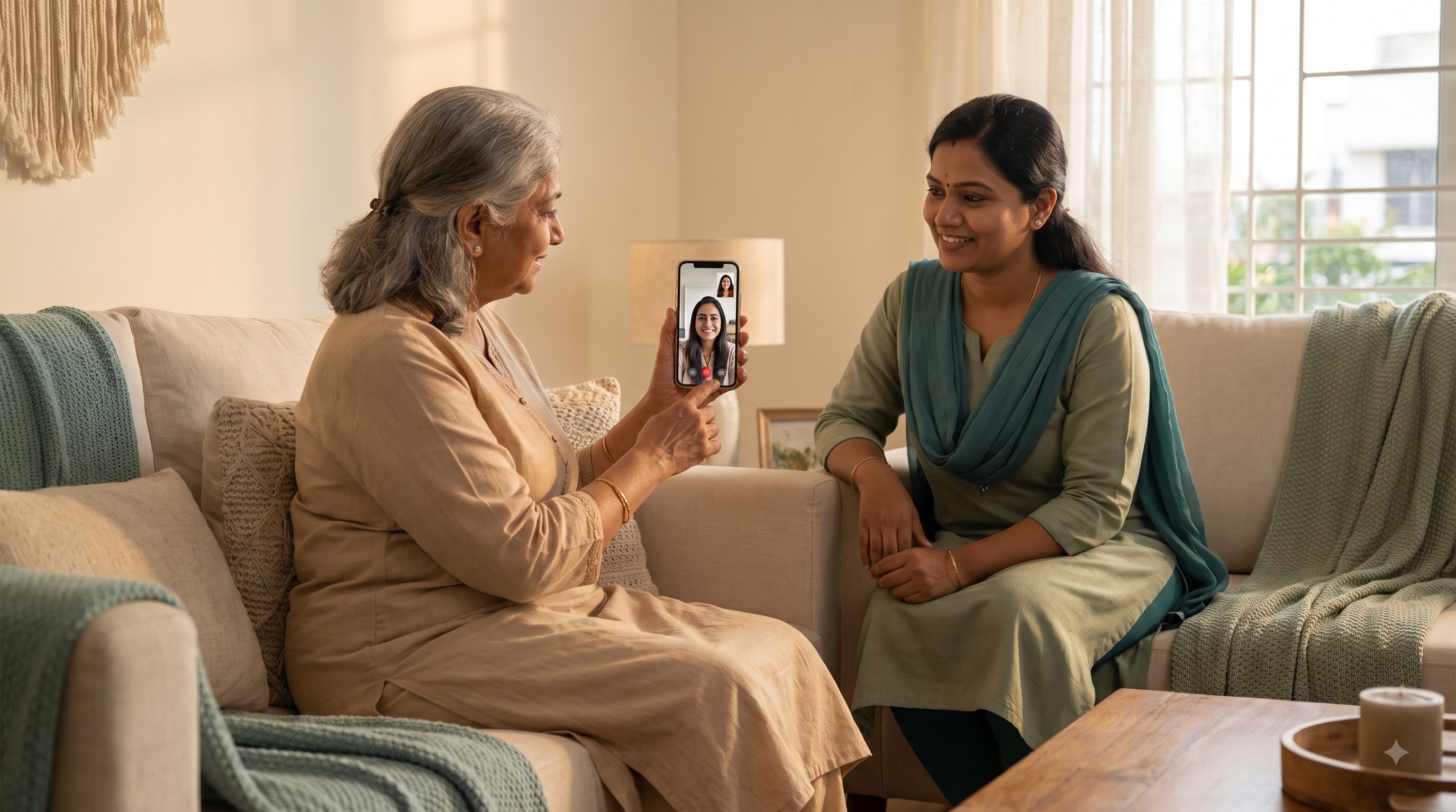 An elderly woman on a video call with her family, seated beside her TLC Care caregiver