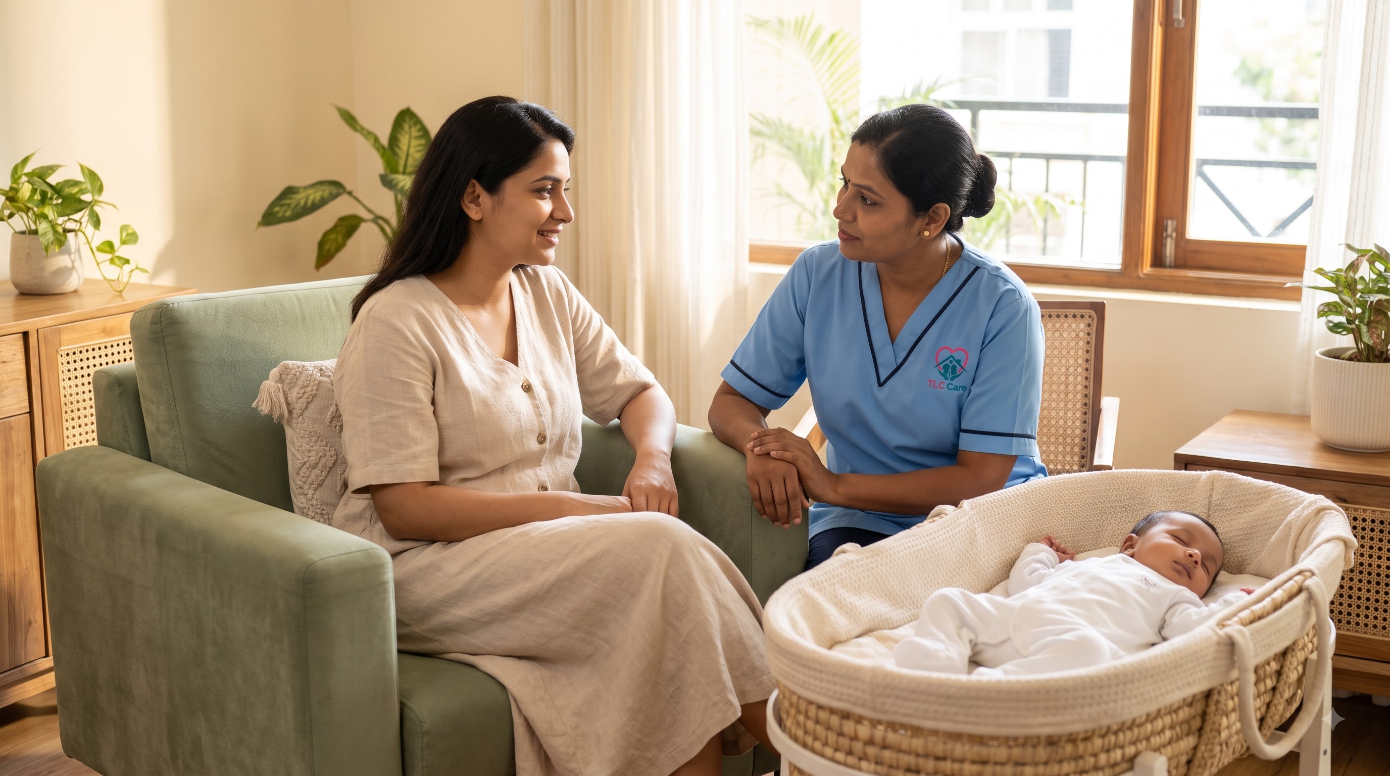 A TLC caregiver offering calm, reassuring companionship to a new mother at home