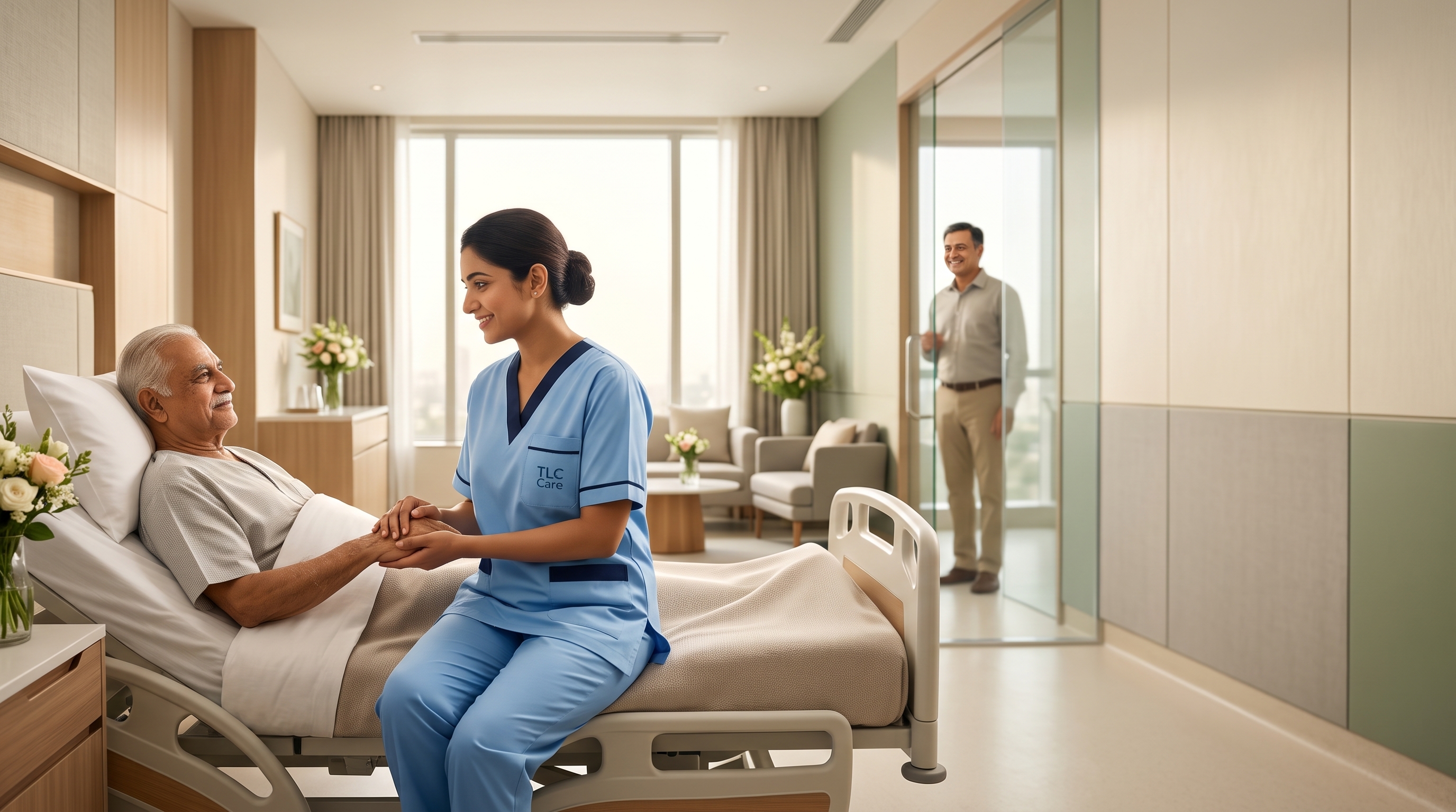 A TLC Care caregiver holding an elderly patient's hand at the hospital bedside as a family member arrives at the door