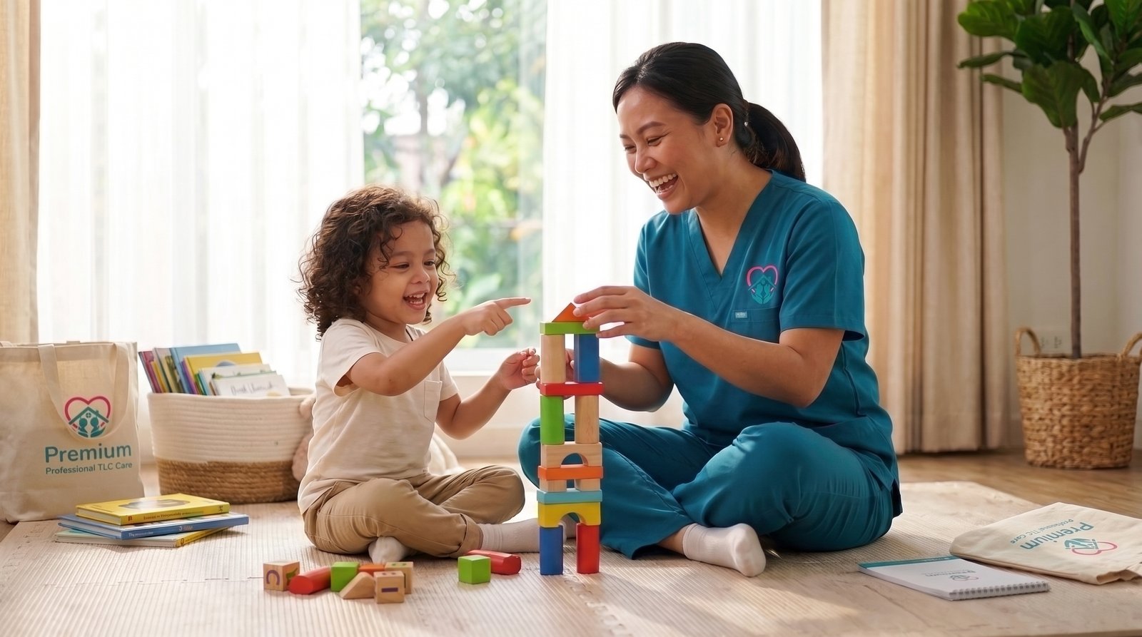 A TLC caregiver building a colourful block tower with a laughing toddler on the living room floor