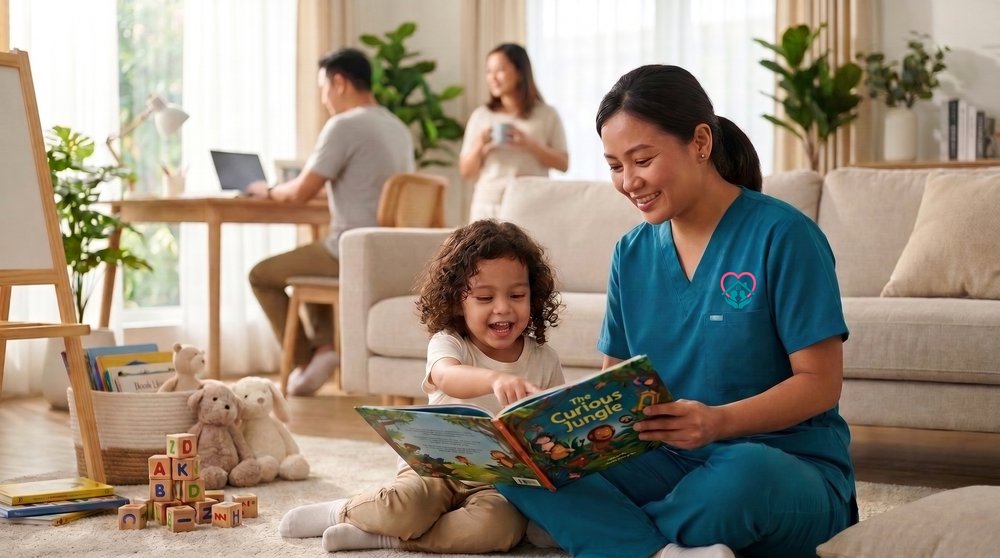 A TLC caregiver reading a picture book with a laughing toddler on the living room floor, while the child's parents work and relax in the background