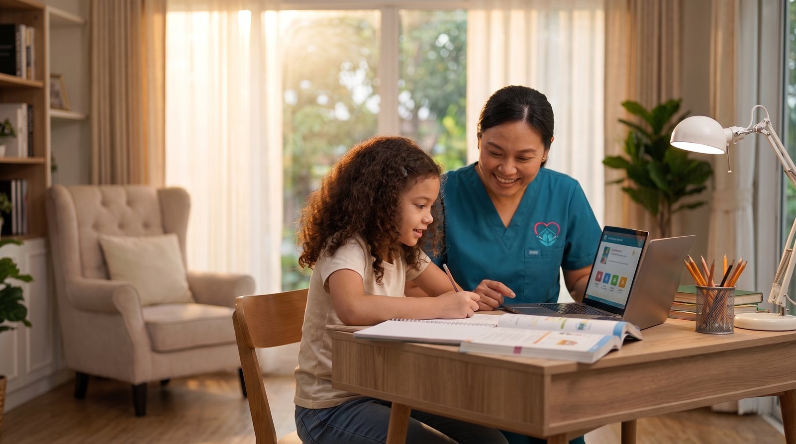 A TLC caregiver smiling as she helps a schoolgirl with her homework at a desk in a sunlit study