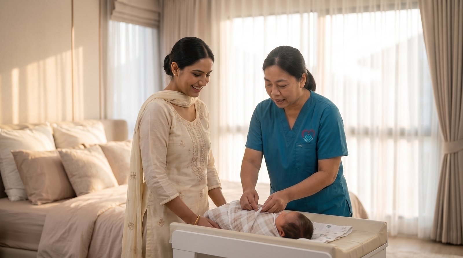 A TLC caregiver helping a new mother swaddle and care for her newborn on a changing table at home