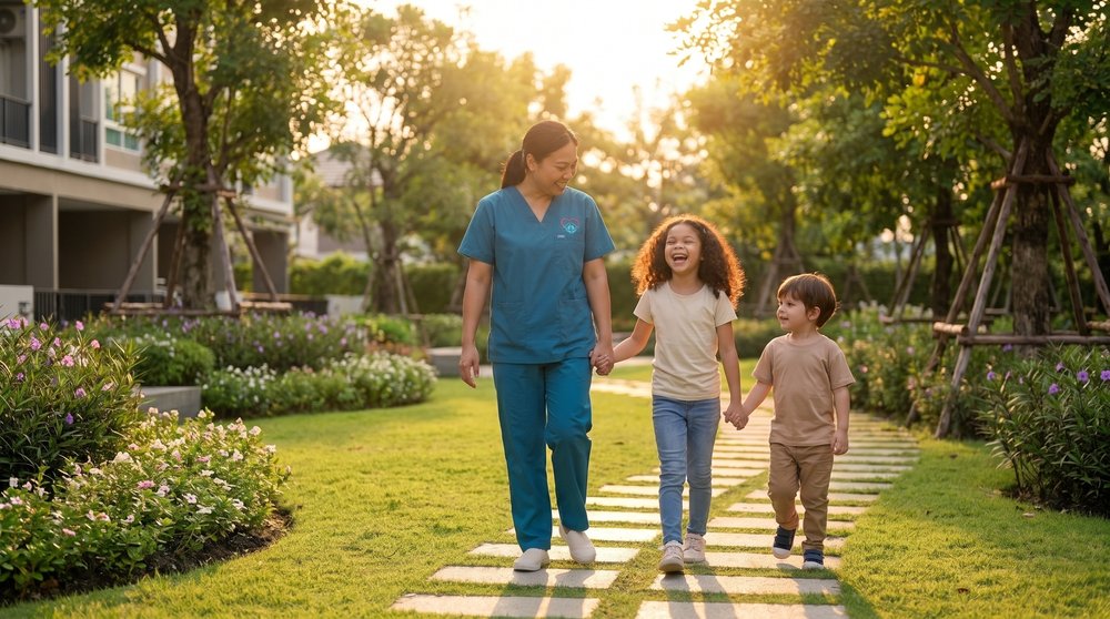 A TLC caregiver walking hand-in-hand with two laughing children along a garden path at sunset