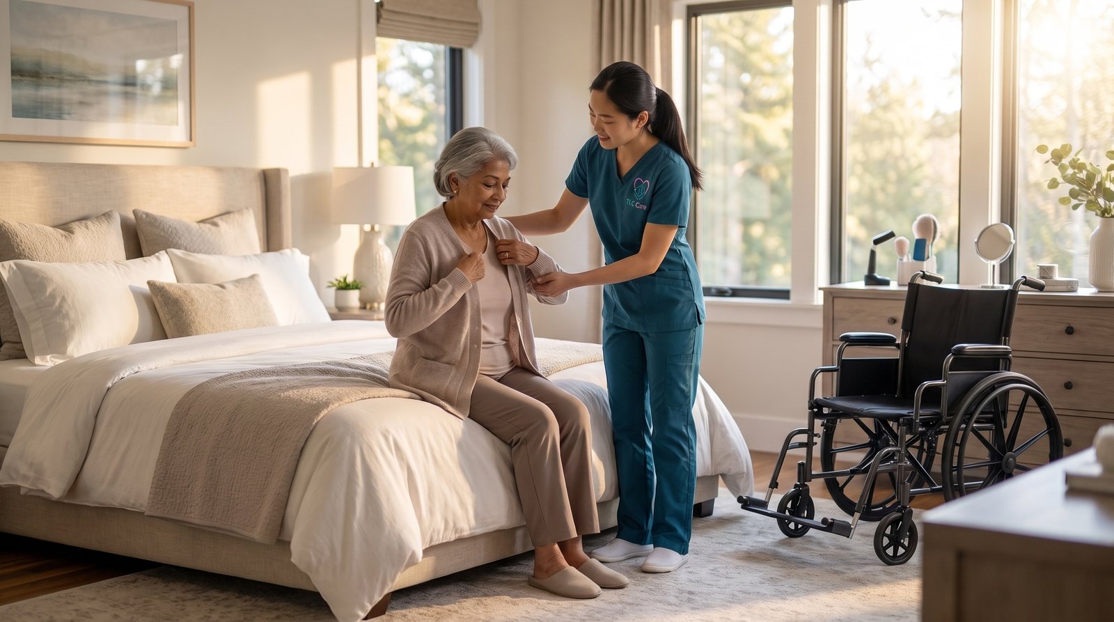 A TLC caregiver helping a smiling woman into a cardigan as she sits at the edge of her bed, with a wheelchair beside the dresser