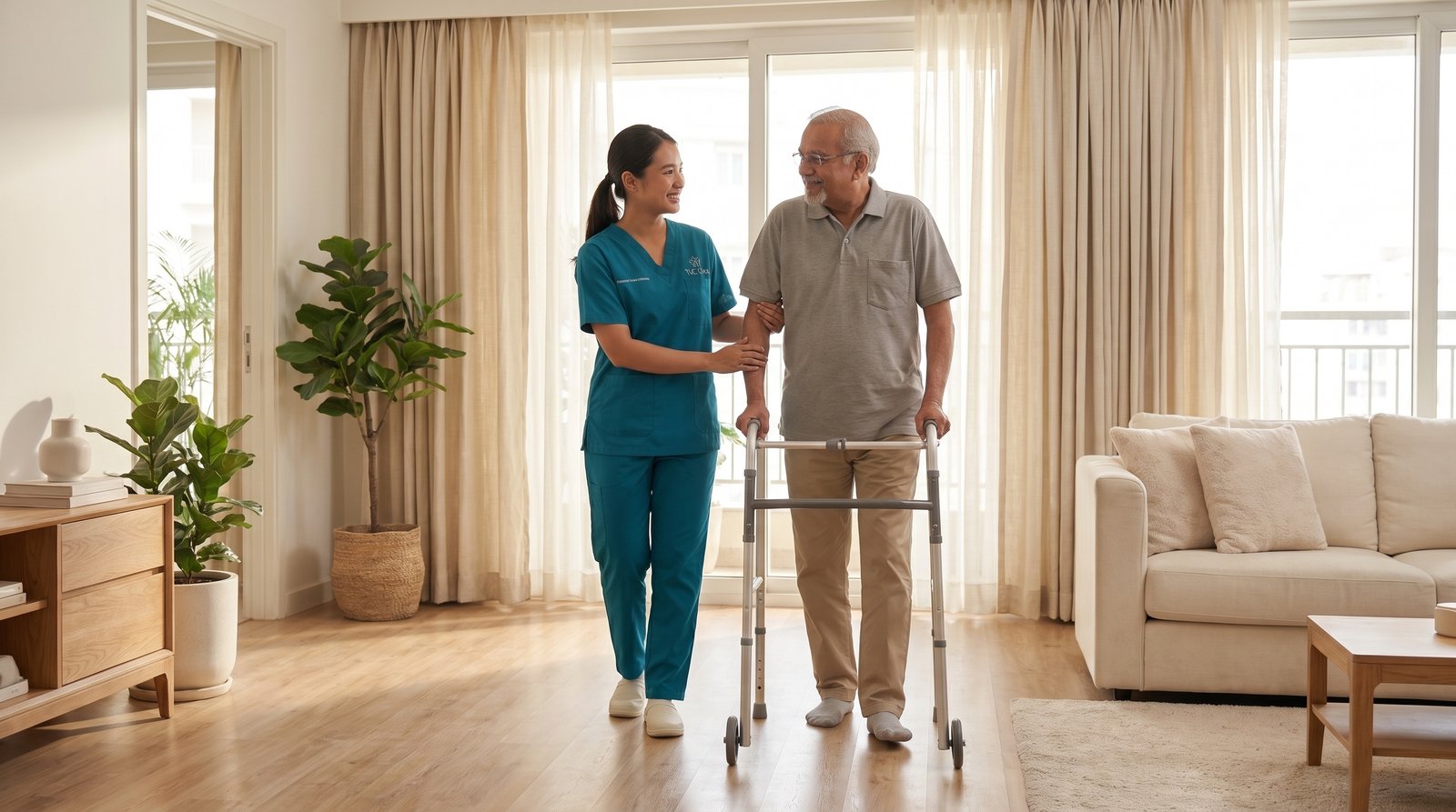 A TLC caregiver helping an elderly man walk with a mobility frame in his living room