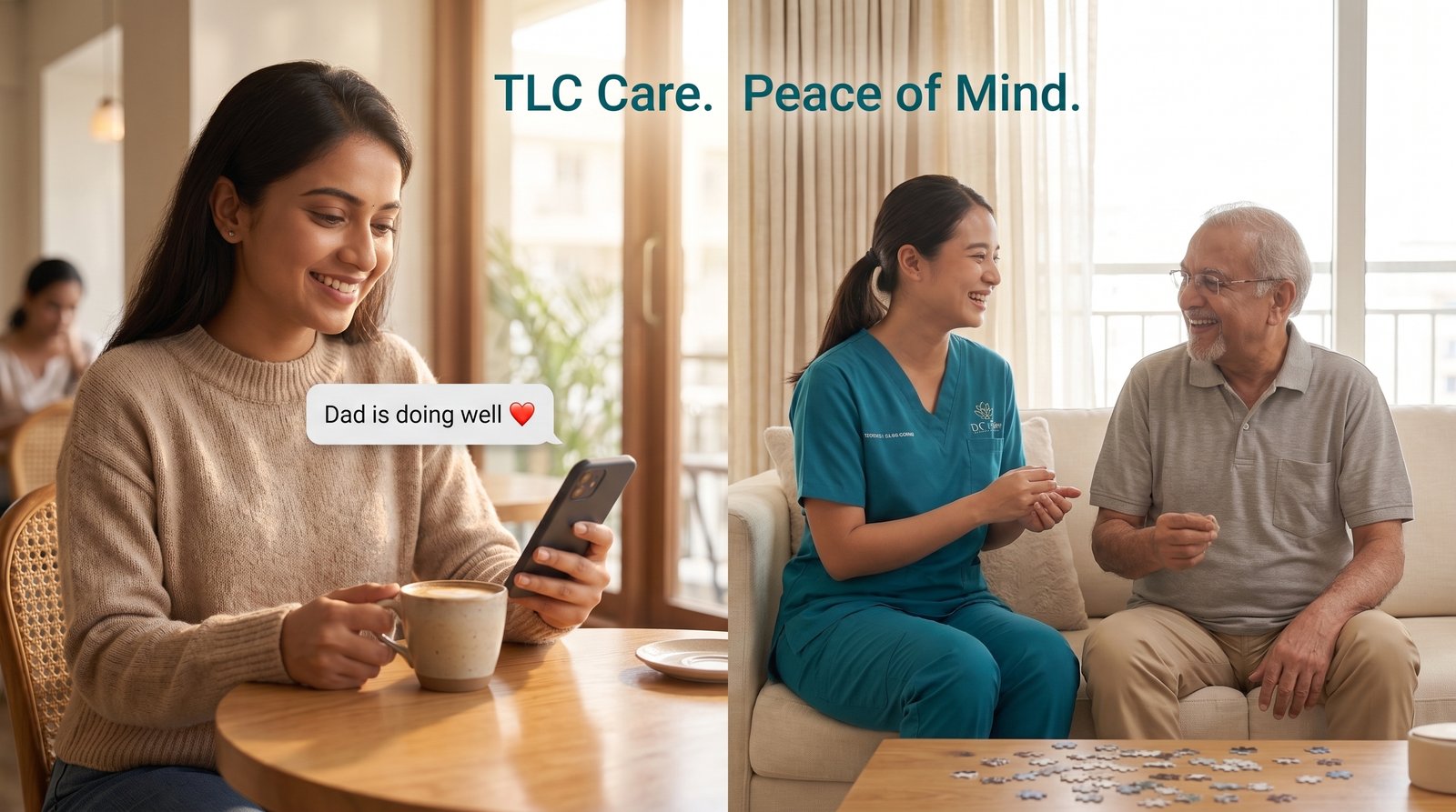 Split image: a woman smiling at a phone message reading 'Dad is doing well' next to her TLC caregiver keeping her father company at home
