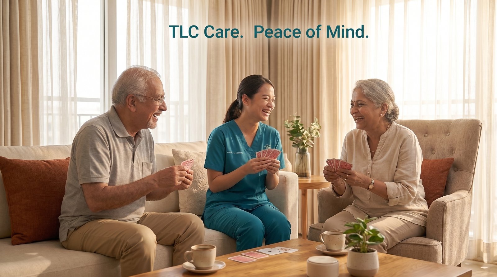 An elderly couple laughing while playing cards with their TLC caregiver over coffee in a sunlit living room