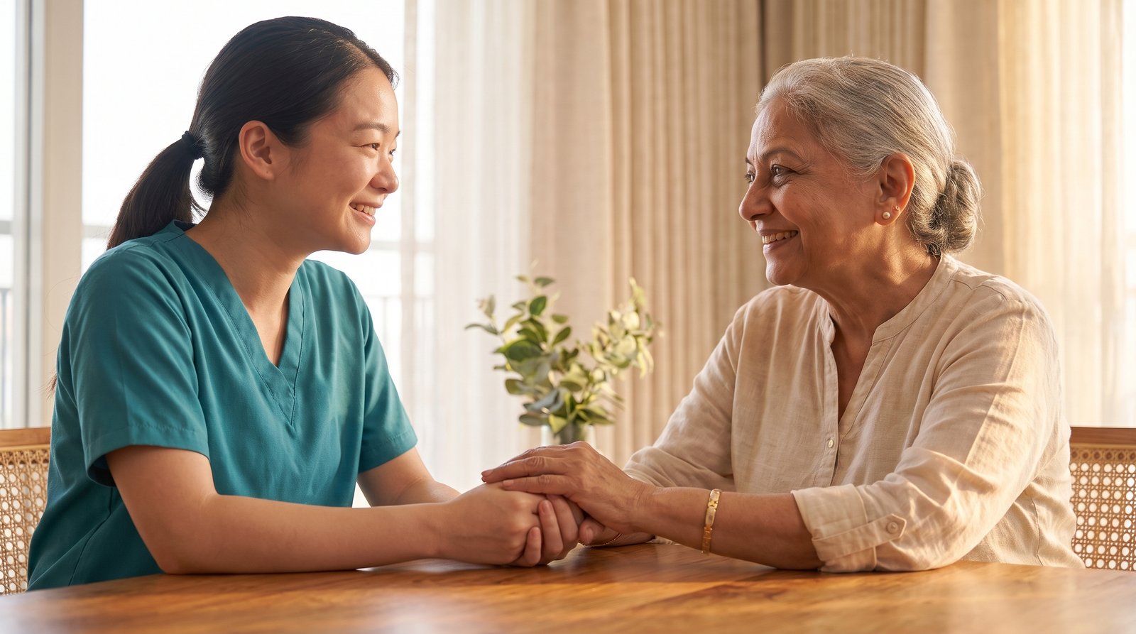 A TLC caregiver in teal scrubs warmly holding hands with a smiling elderly woman across a sunlit wooden table