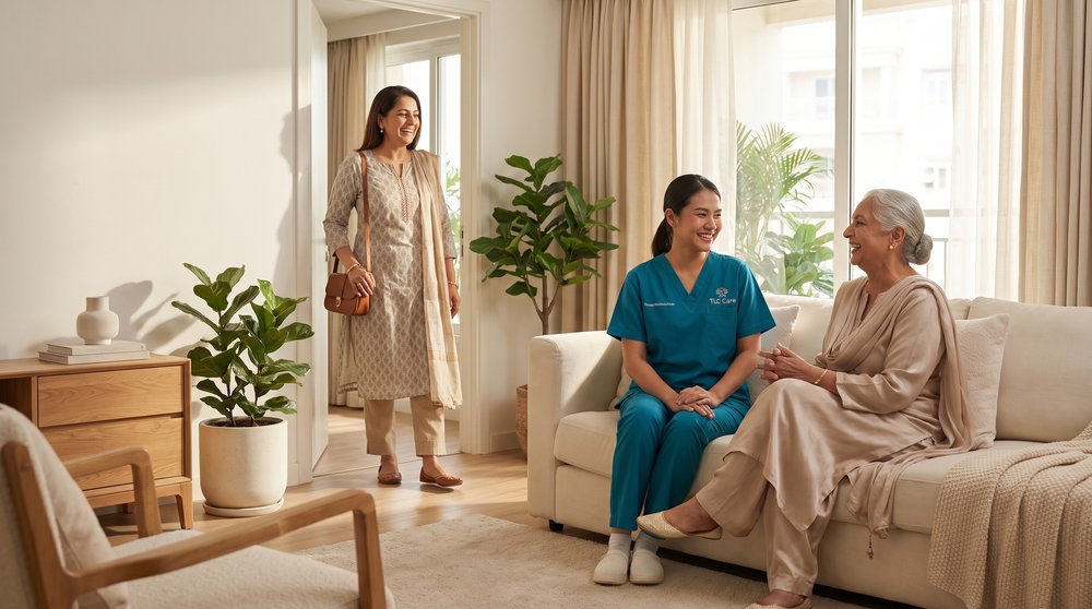 A TLC caregiver sitting on a sofa chatting warmly with a smiling elderly woman, while a family member arrives home in the background