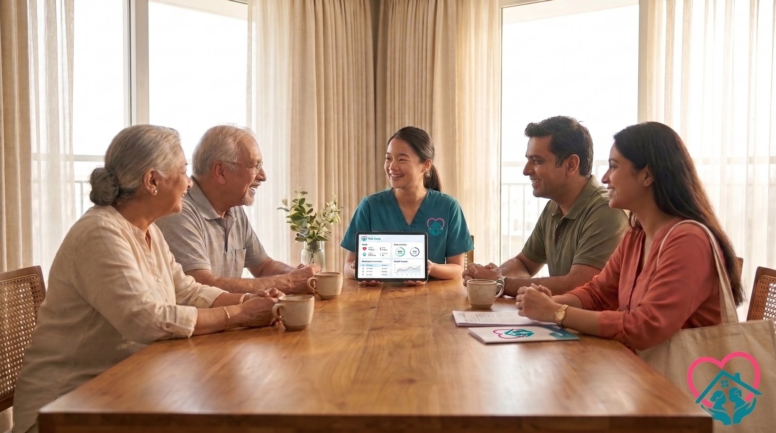A family gathered around a wooden table with their TLC caregiver, reviewing live vitals and health trends on a tablet showing the TLC Care app